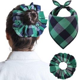 Matching Dog and Owner Clothes - Buffalo Plaid Dog Bandanas & Matching Scrunchie Set, Puppy Bandana Scarf for Small Medium Large Sized Dogs with Dog Mom Outfit Accessories, Green Plaid
