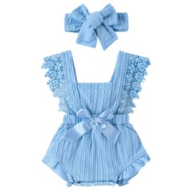 Kunyeah Baby Girl Lace Romper Newborn Ruffle Sleeveless Bodysuit with Headband Toddler Summer Clothes, blue