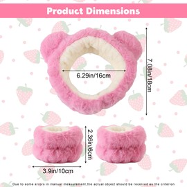 JazSwirl Face Wash Headband and Wristband Set, 3 Pcs Skincare Headband and Wristband Set 1 Face Wash Headband 2 Face Wash Wristbands, Cute Animal Ears Plush Headbands for Washing Face (Pink Bear, 1)