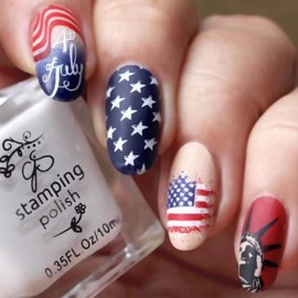 4th of July Press on Nails Short Fake Nails USA Flag Stars Design Glue on Nails Red Blue Independence Day Patriotic Full Cover Stick on Nails Oval False Nails with Glue Acrylic Nails for Women 24Pcs
