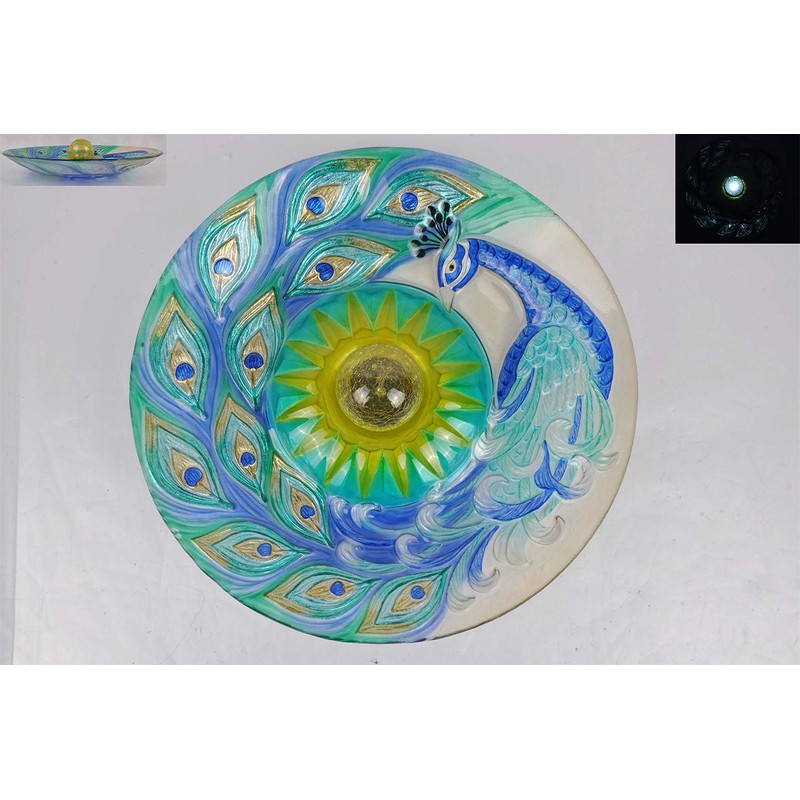 Hi-Line Gift 78415-F Solar Orb Peacock Glass Bird Bath with