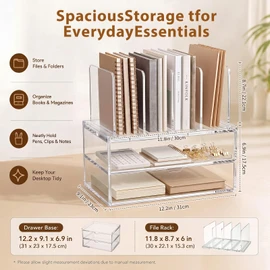 Ripeng Acrylic Desk Organizer with 2 Drawers, Vertical File Holder with 5 Detachable and Adjustable Dividers, Clear Desk Organizers and Accessories for Home, Office, School