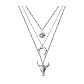 GFLPO Boho Layered Necklace for Women Men Western Necklaces for Women Silver Crescent Pendant Necklace Chain Evil Eye Bull Head Necklace Western Jewelry for Women