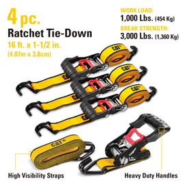 Cat 4 Piece Ratchet Tie Down Set with Soft Hooks - 16 Feet x 1-1/2 Inches, 1000 lbs Load, 3000 lbs Break Strength, Double J-Hooks, Non-Slip Handle - 980076E