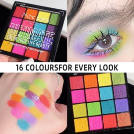 16 Colourful Eyeshadow Palette, Matte & Glitter Shades, Rainbow Eyeshadow, Waterproof & Long-Lasting Eye Makeup, Includes Eyeshadow Brush & Angled Brush, for Girls Women Stage, and Party Bold Makeup
