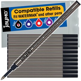 Jaymo Replacement for Waterman 540951 - Measures 4.3 in / 109 mm Long - Rollerball Pen Refill - 12 Black