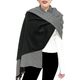 Woogwin Winter Cashmere Scarf Wool Pashmina Shawls for Women Long Warm Thick Reversible Scarves(Black&Lightgrey)