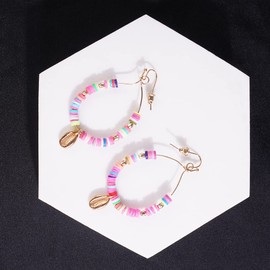 Jumwrit Bohemian Heishi Earrings Rainbow Hoop Dangle Earrings Vinyl Disc Bead Earrings Colorful Polymer Clay Earrings for Women Girls Star Moon Shell Pendant Earrings Summer Beach Accessories(Gold)