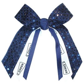Cheer Sequin Hair Bow, Made in the USA, White Pony Band (Navy), many colors