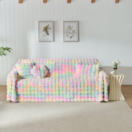 MeadowSky 3D Bubble Mat Faux Fur Couch Cover,Thick Faux Rabbit Fur Couch Cover,L Shaped Sofa Slipcovers for Home Decoration and Dogs,Cats(Rainbow, 71" x 71")