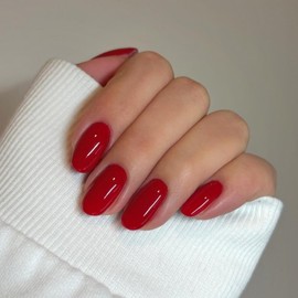 Light Red Press on Nails Short Oval, SXVME Solid Color Acrylic Fake Nail Short Round, Red False Nail Press ons Handmade of Gel, Natural Full Cover Glue on Nails For Women Daily Wear 24Pcs