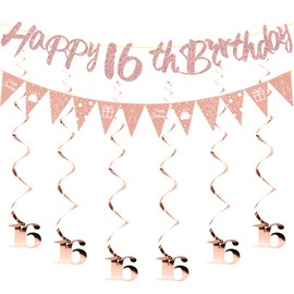 HUKUMA 16th Birthday Party Decoration Set, Birthday Decoration 16 Years, Sweet 16 Decorative Streamers Rose Gold, Garland Spirals, Happy Birthday Banner Decoration for 16th Birthday Girls