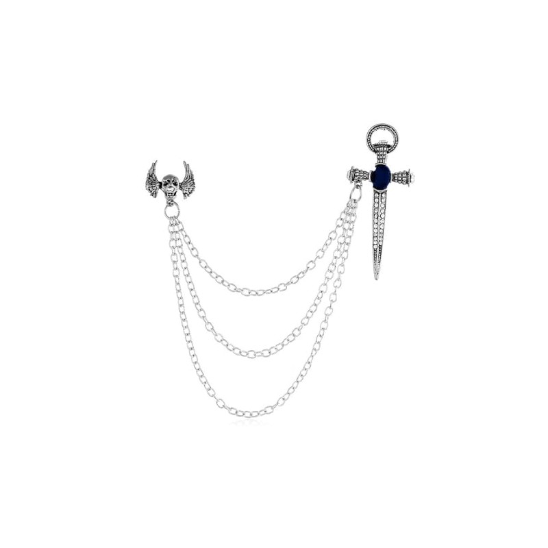 Gothic Skull Head with Sword Brooch Pin Long Chain Tassels