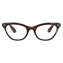 SA106 Womens Bling Rhinestone Plastic Cat Eye Horn Rim Powered Reading Glasses Brown 4.0