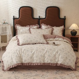 VM VOUGEMARKET Ruffle Duvet Cover Set Queen 100% Cotton Cute Floral Comforter Cover 3 Pcs Romantic Botanical Bedding Duvet Cover with Zipper Ties 2 Pillow Shams