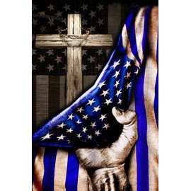 Retro Thin Blue Line Christian American Cross Police Metal Tin Sign Decoration for Garage Yard Home Outdoor 8x12 Inch