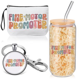 Kacctyen 3 Pcs Occupational Therapy Gift for Women Occupational Therapist Makeup Bag with Keychain 17 oz Fine Motor Promoter Glass Cups with Lids and Straws Therapy Gifts for Therapists OT Women