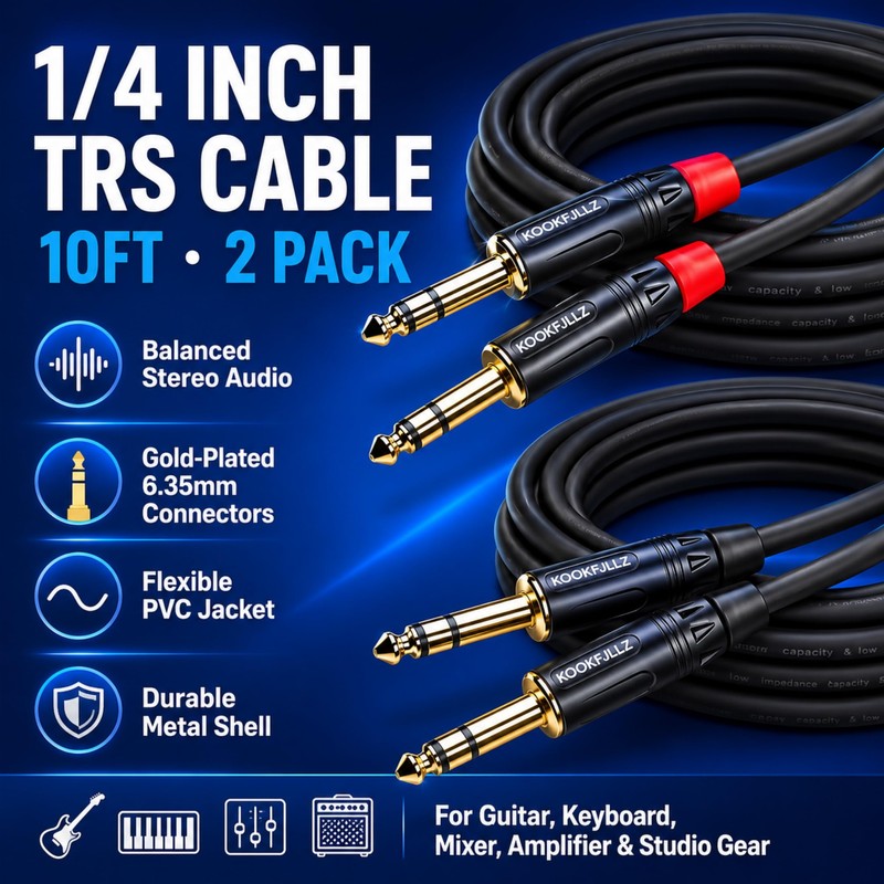 KOOKFJLLZ 1/4 Inch TRS Cable 10FT 2-Pack, 6.35mm Balanced OFC