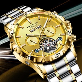 GLENAW Mens Automatic Mechanical Watches Skeleton Tourbillon Day Date Luxury Self Winding Dress Wrist Watches Luminous (8998-Gold)