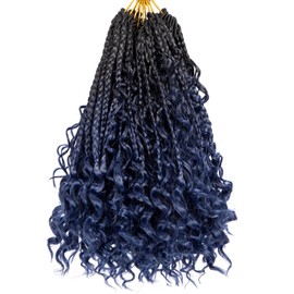 Unionbeauty 8 Packs Boho Box Braids Crochet Hair 10 Inch Bohemian Box Braids for Kids Boho Braids Goddess Box Braids Crochet Hair with Curly Ends Dark Blue Crochet Box Braids for Black Woman 23#