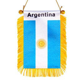 WXTWK 3 X 5 Inch Argentina Flag Argentine Window Hanging Flag Small Mini Car Flags Banners Rearview Mirror Decoration With Suction Cup Golden Fringy Banner