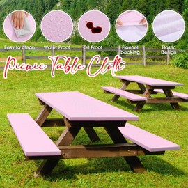 Irenare 3 Pcs Picnic Table and Bench Fitted Tablecloth Cover for 6 Ft Table 30 x 72 Inch Vinyl Fitted Elastic Edges Waterproof Wipeable Tablecloth for Indoor Outdoor Picnics Patio Camping(Pink)
