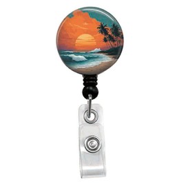 The Beach Under The Setting Sun Retractable ID Card Badge Holder with Alligator Clip, Name Nurse Decorative Badge Reel Clip on Card Holders