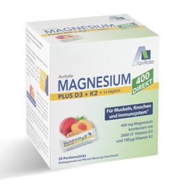 Magnesium 400 + D3 + K2 directly with delicious peach-passion fruit flavour - direct granules for ingestion without water