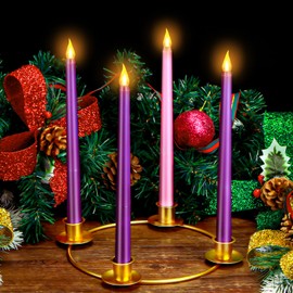 Juego de 4 velas de Adviento sin llama de Navidad con anillo de corona de adviento de metal dorado, portavelas de metal morado, rosa, sin llama, para Navidad, adviento, decoración de mesa del hogar