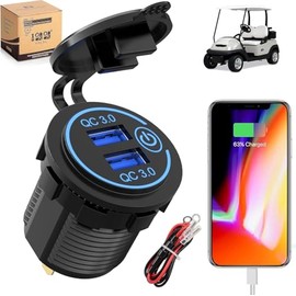 Carro de golf 10L0L, cargador USB dual/puerto USB/carga rápida 3.0, salida USB, ajuste universal EZGO Club Car y Yamaha, también apto para motocicleta, ATV, barco, etc. Entrada 12V-24V