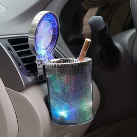Bosaidong Car Ashtray, Auto Ashtray With LED Light, Mini Car Trash Can, Portable Ashtray with Lid Suitable for Most Vehicles, Silver