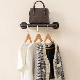 Industrial Pipe Clothing Rack with Floating Shelves, Hanging Rods Wall Mounted Garment Rack, Heavy Duty Iron Clothes Bar, Space-Saving Clothing Hanging Rails for Closet (1 hanging rod 1 shelf)