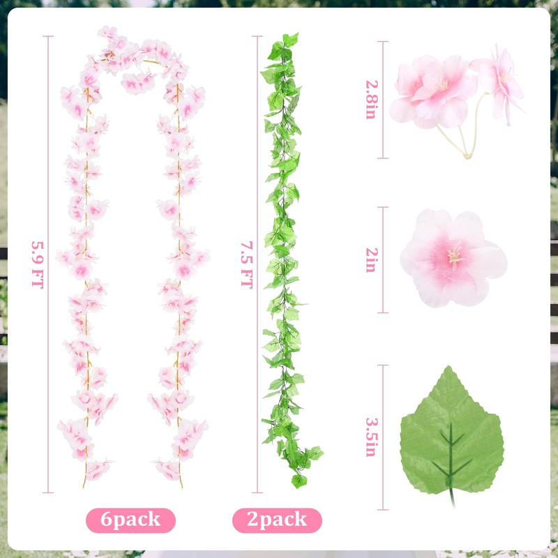 6Pcs 50.5FT Artificial Cherry Blossom & Grape Leaf Garland Set