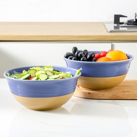 Hasense Salad Bowls Set of 2, 9 Inch Ceramic Serving Bowls for Entertaining, 84 Ounce Big Soup Bowls for Kitchen, Mixing Bowls for Cooking, Baking, Pho, Dinner Plaries, Microwave Safe, Purple