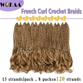 WOKAA Short Crochet Hair for Women 12 Inch 8 Packs French Curl Crochet Braids with Curly Ends Pre-looped Box Braids Blonde mix Brown Synthetic Hair Extensions P27/30#