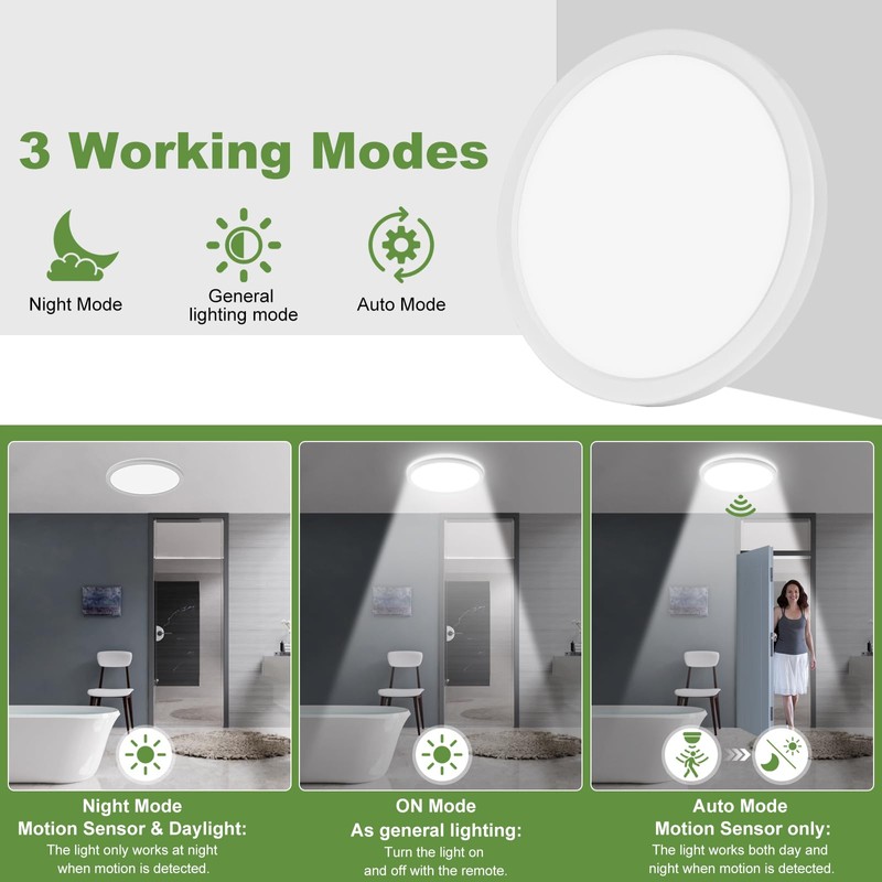 24W Motion Sensor LED Ceiling Light Wired, 2400lm 12Inch 2700K/4000K/6500K