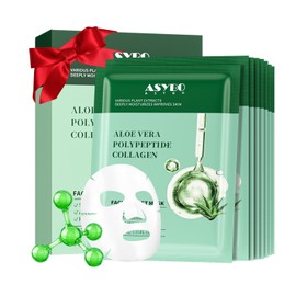 ASYBO Pack of 10 Collagen Face Mask, Aloe Vera Polypeptide Collagen Facial Masks Skincare, Moisturizing Facial Sheet Mask for Acne, After Sun, Claming, Anti-Aging and Anti-Wrinkle