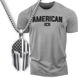 American Patriotic Shirts for Men, Warrior Pendant & Military Style T-Shirt Set (American Grey, LG)