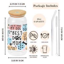 Dog Mom Gifts for Women, Dog Mama 16oz Glass Cup with Bamboo Lid and Straw, Dog Lovers Gifts for Women, Pug Gifts for Pug Lovers - Coffee Glass Cup Ideal for Iced Coffee, Funny Coffee Cup