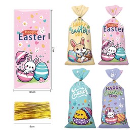 50pcs Easter Bunny Chick Candy Cookie Bag 4 Style Cellophane Gift Treat Packaging Party Fillers Bags with Metallic Twist Ties for Easter Candy Sweet Goody Cookie