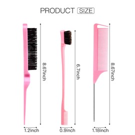 3-Piece Teasing Brush Set Bristles Hair Brush 3 Rows Teasing Brush Dual Edge Brush Robust Styling Comb Parting Comb for Brushing, Combing, Grinding Hair for Stylists Women (Pink)