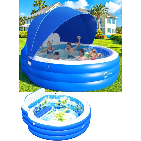 Lanblu 2025 Upgraded Inflatable Pool with Canopy, Family Lounge Blue