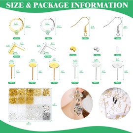 Yauhar 1440 Pcs Stainless Steel Jewelry Making Kit with Storage Case, Silver & Gold Earring Posts Studs and Leverbacks Earwires, Earring Hooks with Replacement Backs for Adult (4 Types)