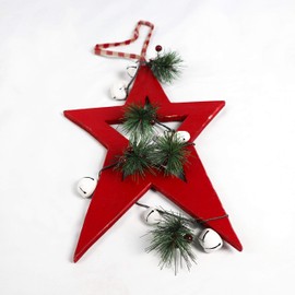 SHATCHI 36cm Red Wooden Star Wall Hanging Ornament Decorated with White Bells Berries and Pines Christmas Holiday Home Decorations, 25x1.2x36 cm