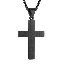 HZMAN Stainless Steel Lord's Prayer Cross Pendant Necklace for Men Women Religious Bible Verse Jesus Cross Necklace Christian Faith Necklaces Jewelry Gift (Black)
