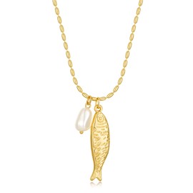 Gold Fish & Pearl Pendant Necklace Dainty Ocean Charm Chain Jewelry for Women