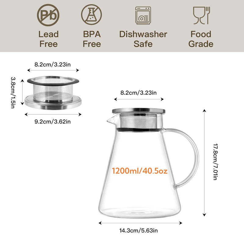CNGLASS 40oz/1200ml Glass Teapot Stovetop Safe,One-Touch Clear Tea Kettle,Blooming and