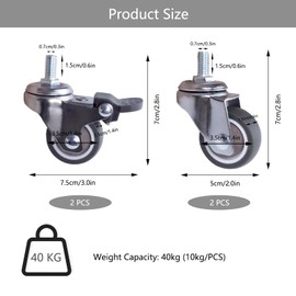 BMZXCH Pack of 4 M8 Furniture Castors, Small Castors for Furniture, Castors Furniture Castors, Rubber Castors, 2 with Brakes + 2 Without Brakes, 360° Rotatable for Furniture, Indoor and Outdoor Use