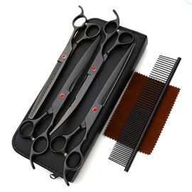 Professional Dog Grooming Scissors Set, 7inch Stainless Steel Pet Grooming Scissors for Dog, Curved Thinning Straight Chunker Shears and Comb 5pcs Set for Dogs, Cats and Other Animals