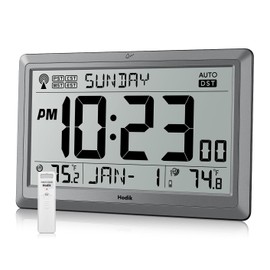 Wall Clock Atomic with Indoor Outdoor Temperature Battery Powered, Easy Reading with 10.5 Inch Large LCD Display, 330FT Range Table Wall Clock With DST, 12/24 Hour for Living Room Kitchen (Silver)